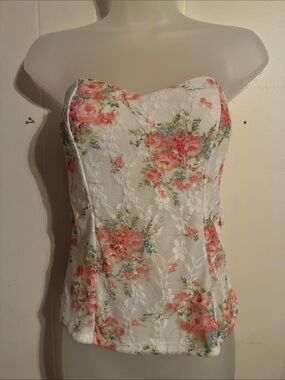 Floral Lace Strapless Bustier Top - White with Pink Roses